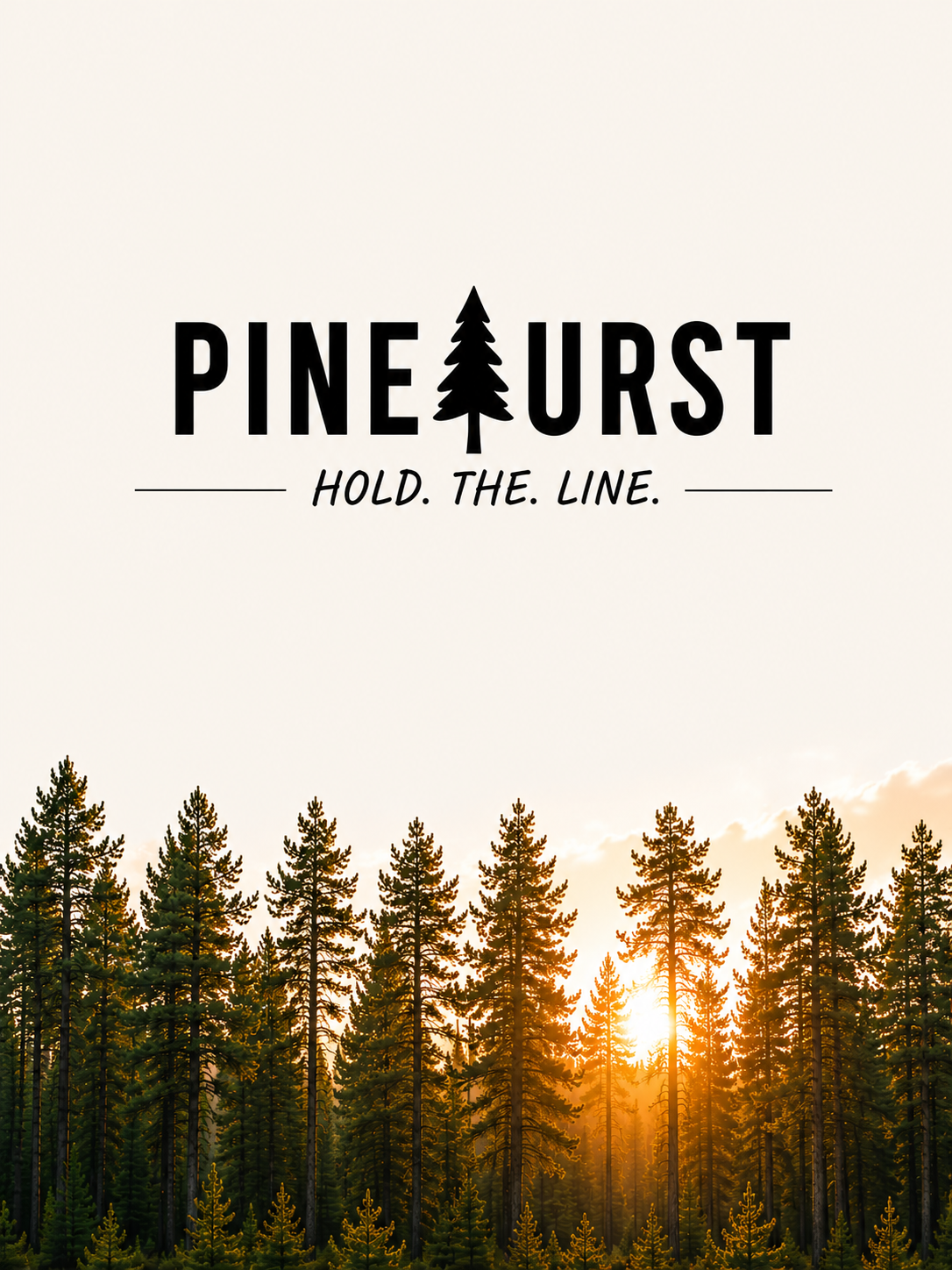 Silhouette of a forest with 'Pinehurst Hold. The. Line.' text overlay