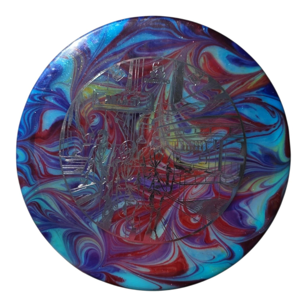 Blue and red hand-dyed Doomsday Area 51 in Clandestine plastic, front view