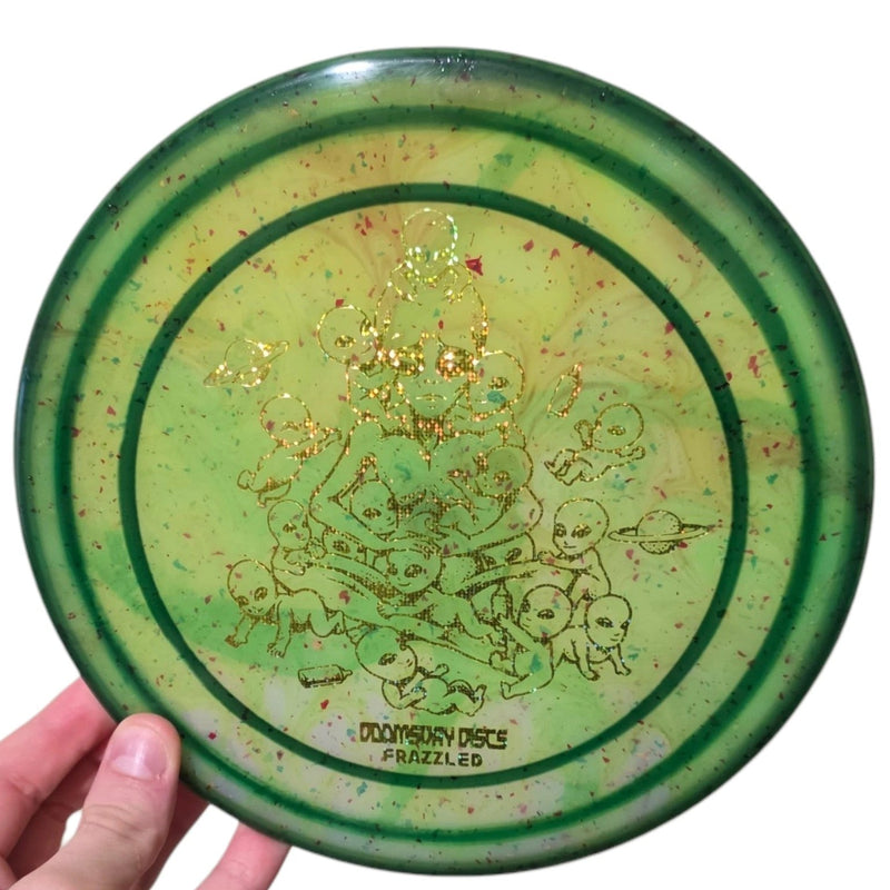 Emerald and teal dye on Doomsday Discs Area 51 in Clandestine plastic, overhead view