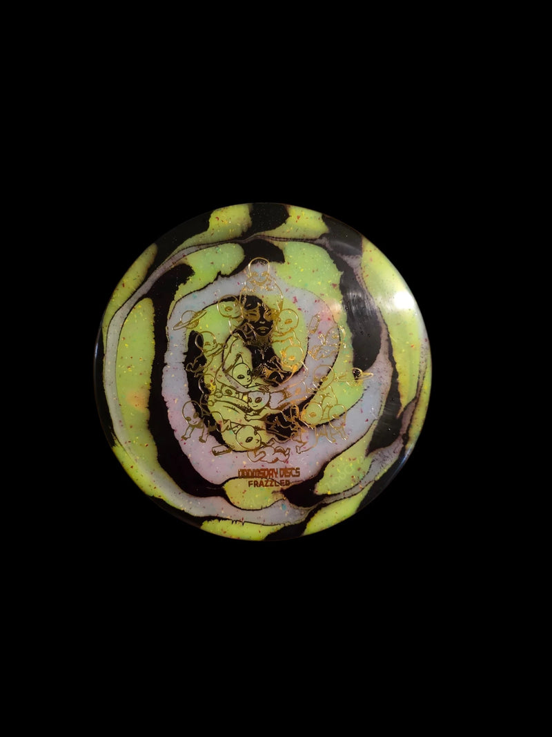 Lime and Black hand dyed Doomsday Discs Area 51 in Frazzled Isolation plastic, overhead view