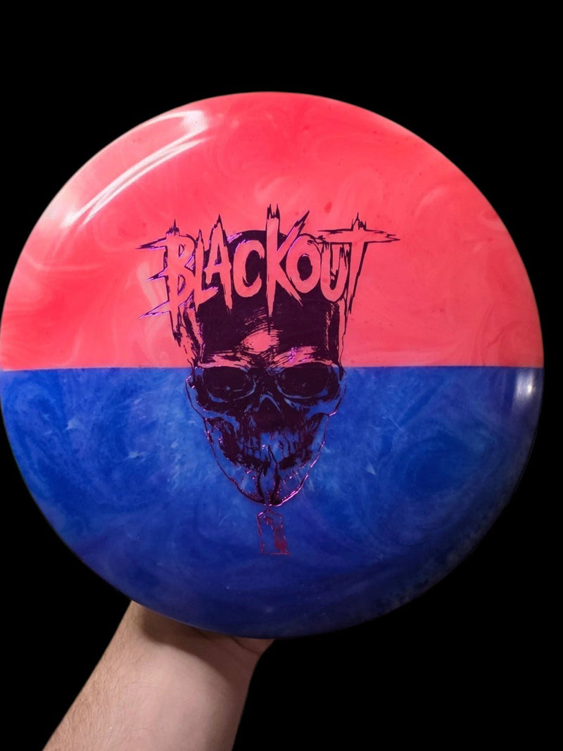 Coral and Cobalt hand dyed Doomsday Discs Blackout in Radioactive Waste plastic, overhead view