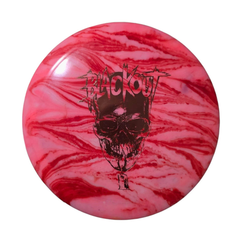Fuchsia and pink dye on Doomsday Discs Blackout in Radioactive Waste plastic, overhead view