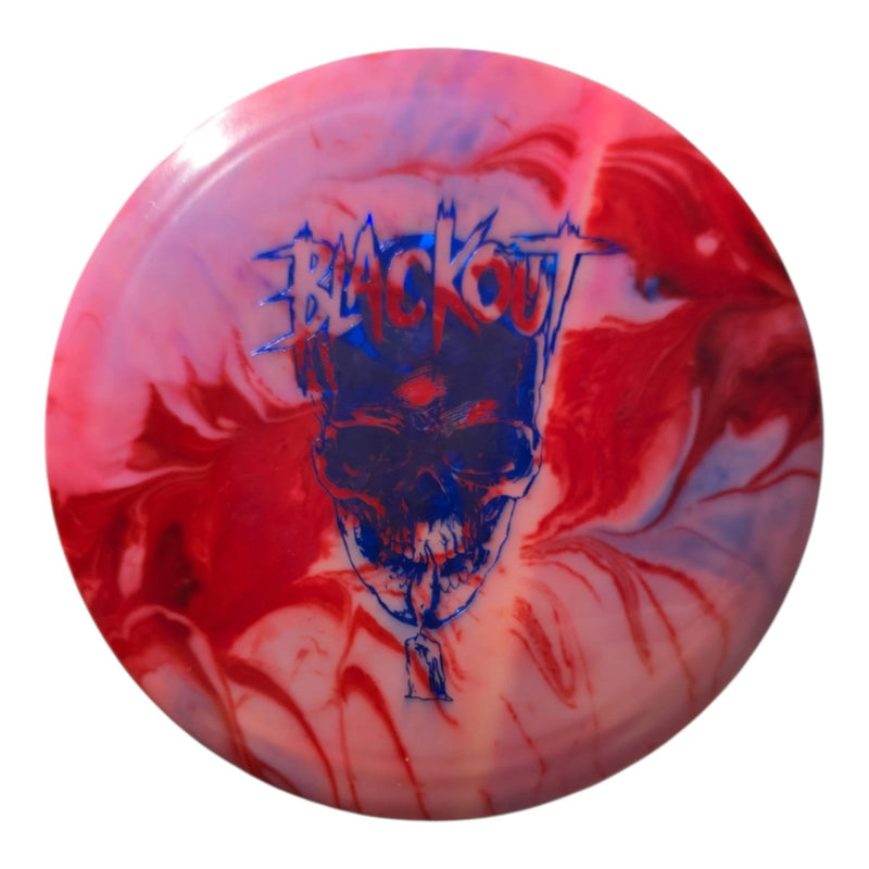 Front of hand-dyed Doomsday Blackout in Radioactive Waste plastic with red and pink swirls and blue skull stamp