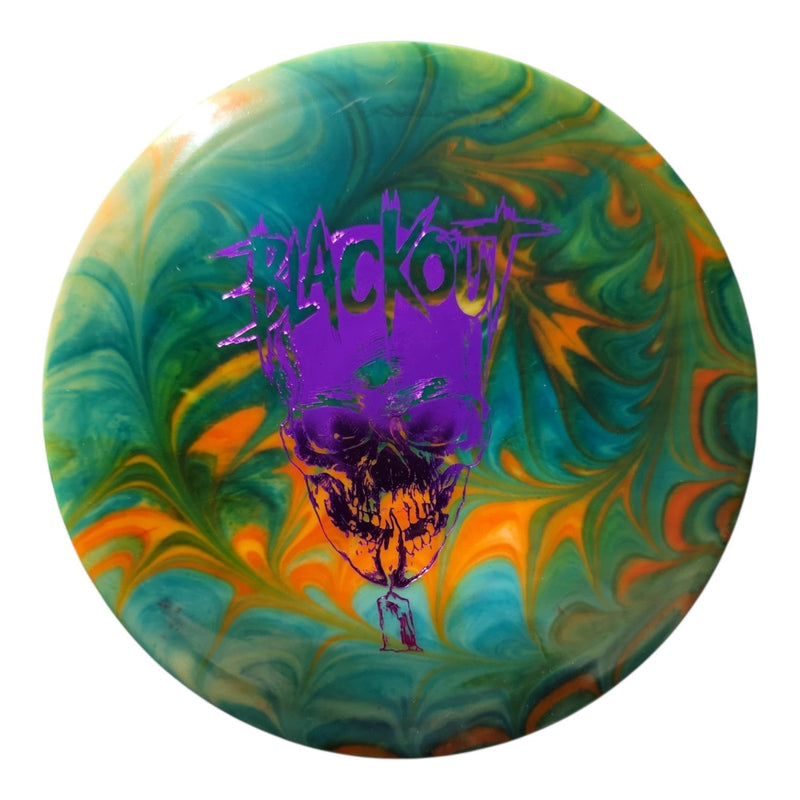 Front of hand-dyed Doomsday Blackout in Radioactive Waste plastic with turquoise and orange swirls and purple skull stamp