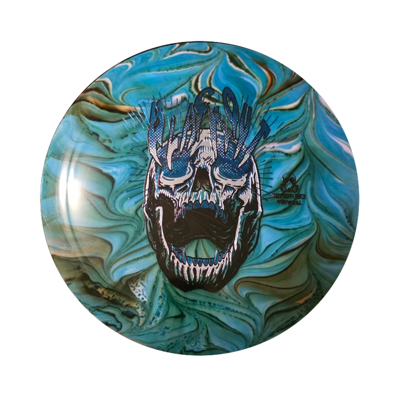 Turquoise and Olive hand dyed Doomsday Discs Blackout in Survival plastic, overhead view