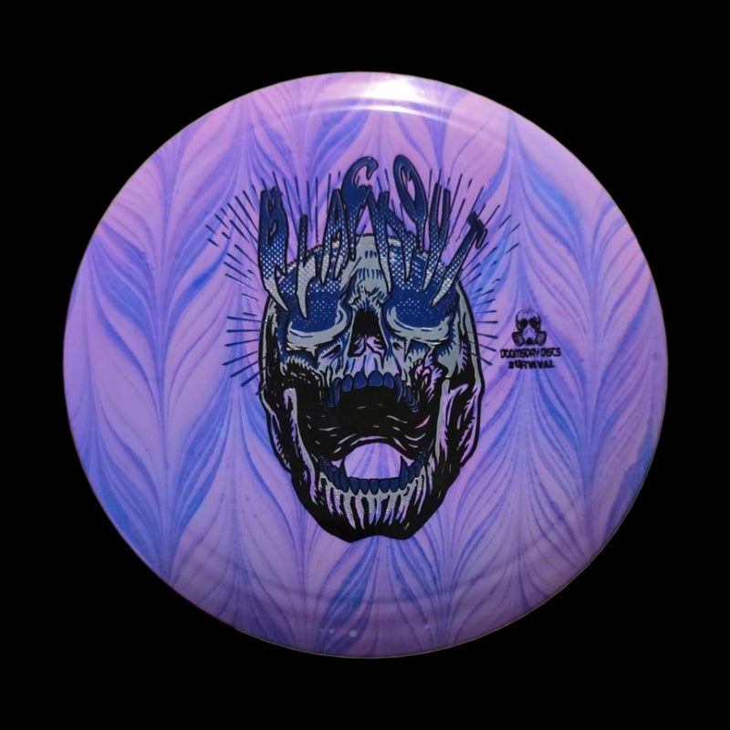 Blue and purple dye on light lavender Doomsday Discs Blackout in Survival plastic, overhead view