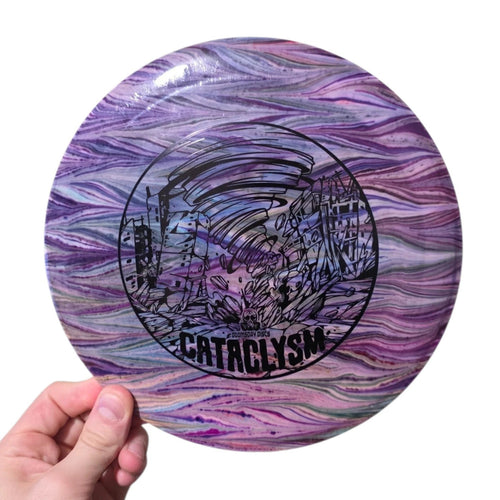 Purple and pink dye on Doomsday Discs Cataclysm in Survival plastic, overhead view