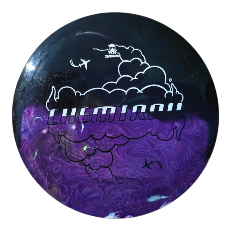 Front of hand-dyed Doomsday Chemtrail in Retina plastic, black above purple marbling and a white Chemtrail stamp