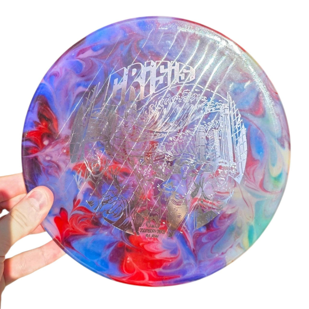 Blue and red hand-dyed Doomsday Crisis in Glow Isolation plastic, front view