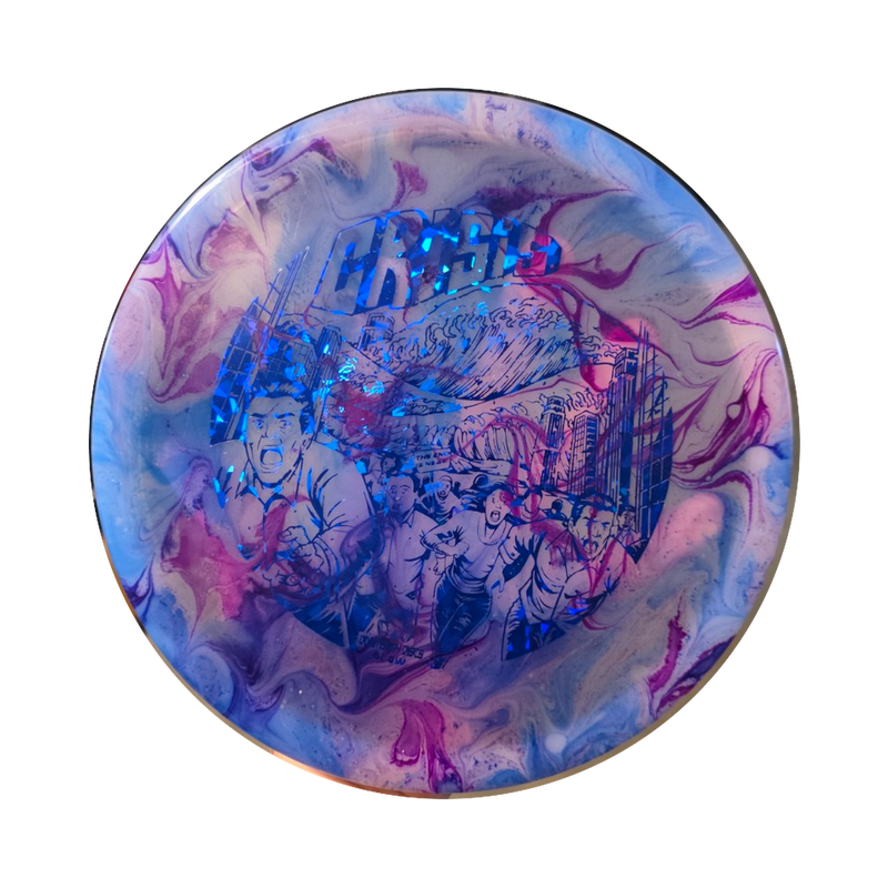 Blue, Purple, and Magenta hand dyed Doomsday Discs Crisis in Glow Isolation plastic, overhead view
