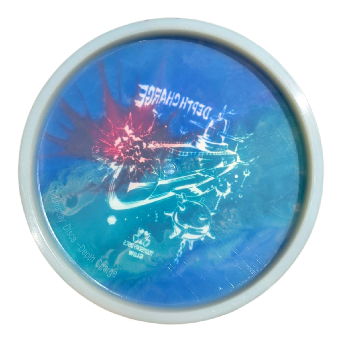 Hand-dyed Doomsday Depth Charge in Glow Isolation plastic, underside view