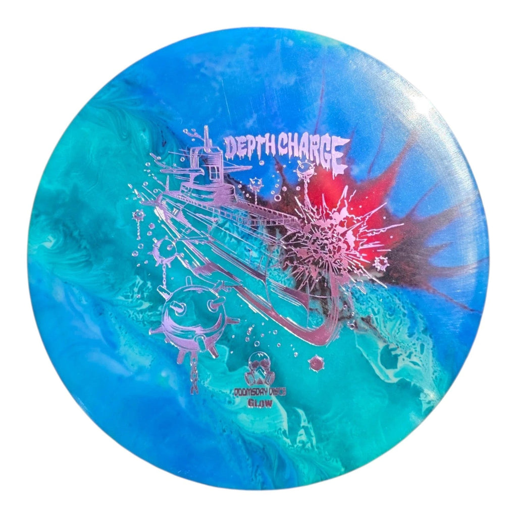 Blue and teal hand-dyed Doomsday Depth Charge in Glow Isolation plastic, front view