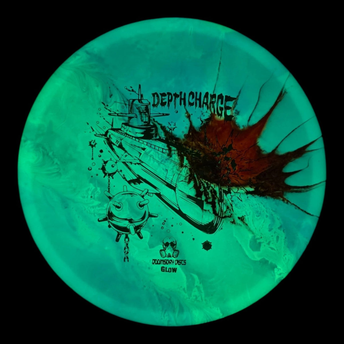 Blue and teal hand-dyed Doomsday Depth Charge in Glow Isolation plastic glowing green in the dark