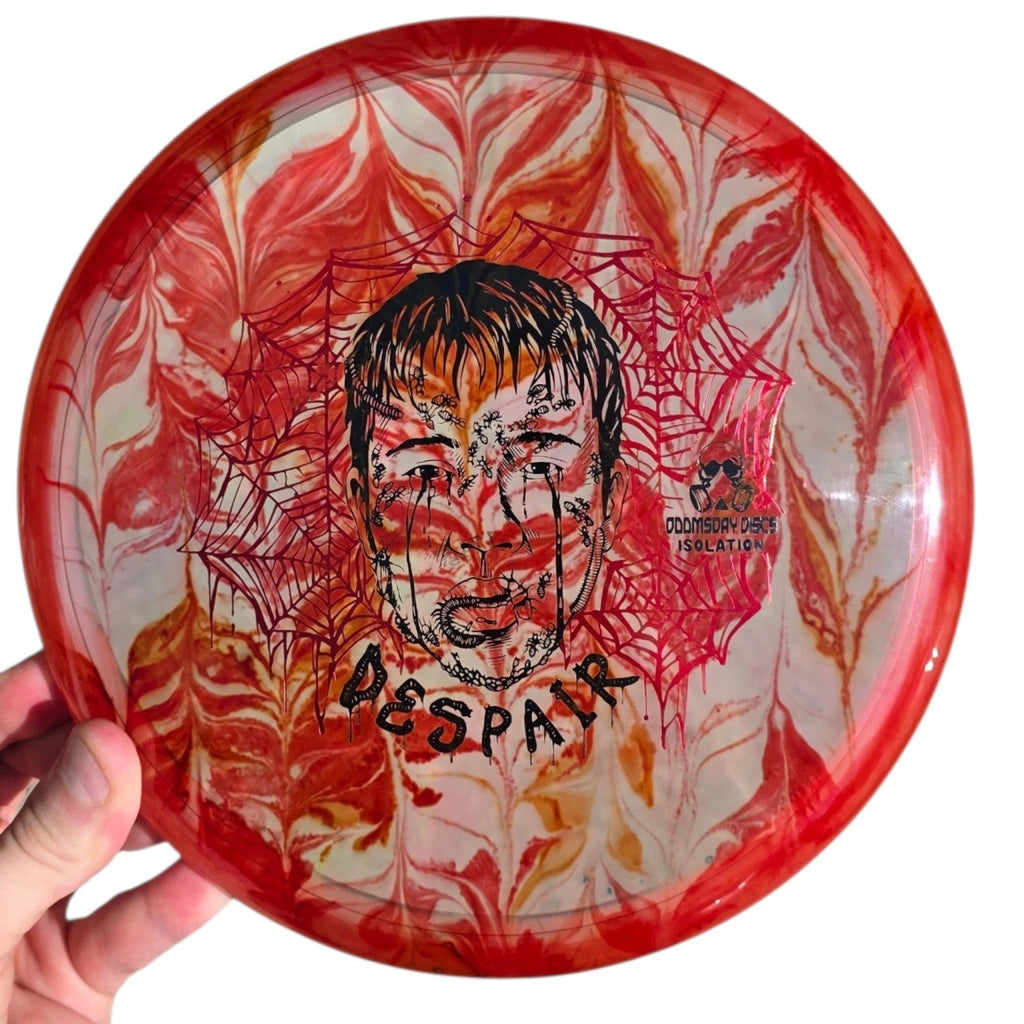 Red and orange hand-dyed Doomsday Despair in Isolation plastic, front view