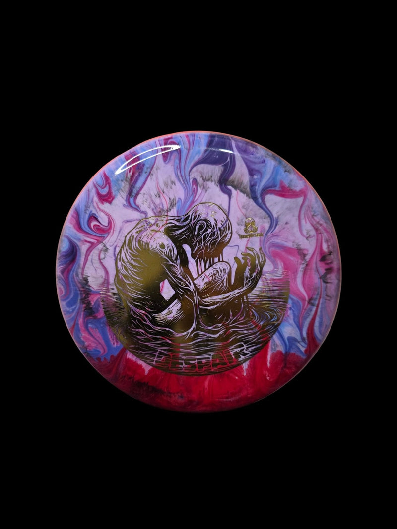 Lavender, Blue, and Pink hand dyed Doomsday Discs Despair in Shockwave plastic, overhead view