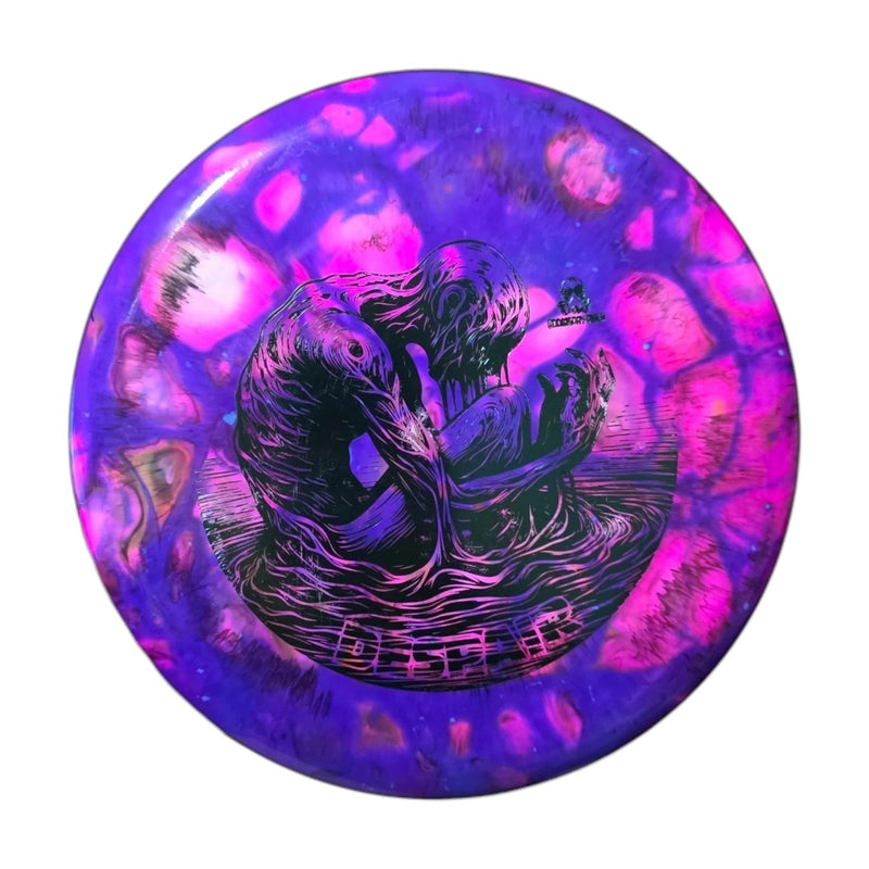 Violet and magenta dye on Doomsday Discs Despair in Shockwave plastic, overhead view