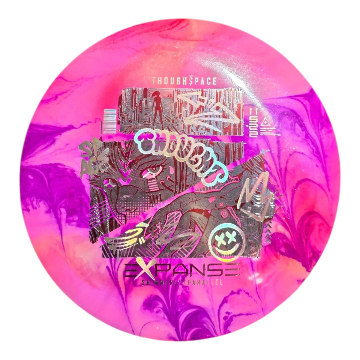 Pink and purple hand-dyed Thought Space Athletics Expanse in Shimmer Parallel plastic, front view