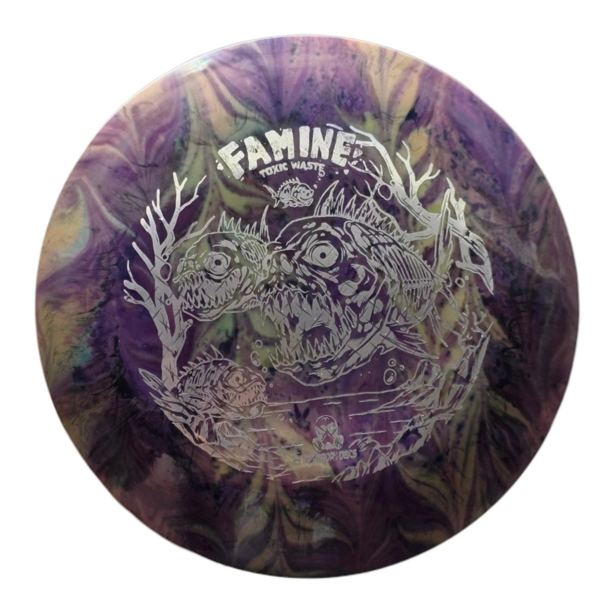 Purple and green hand-dyed Doomsday Famine in Toxic Waste plastic, front view
