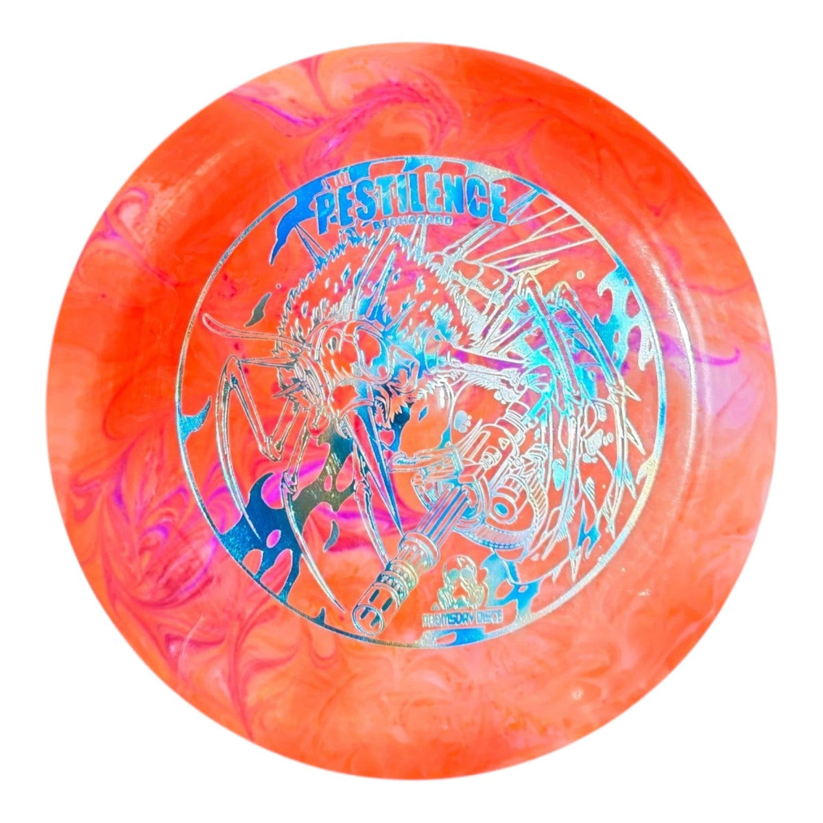 Orange and pink hand-dyed Doomsday Pestilence in Biohazard plastic, front view