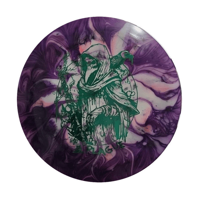 Purple and black dye on white Doomsday Discs Plague in Radioactive Waste plastic, overhead view