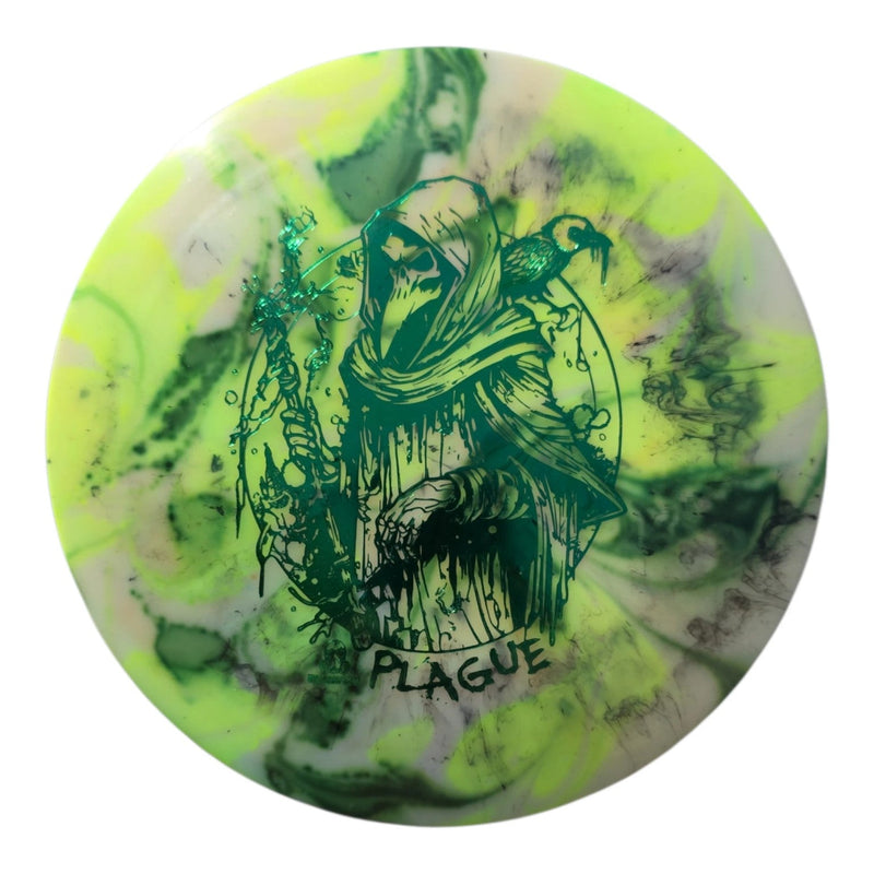 Front of hand-dyed Doomsday Plague in Radioactive Waste plastic with lime and black marbling around the plague stamp