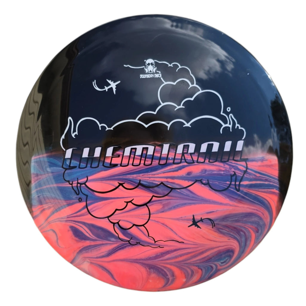 Front of the exact hand dyed Retina Chemtrail, dark upper face with coral and purple marbling