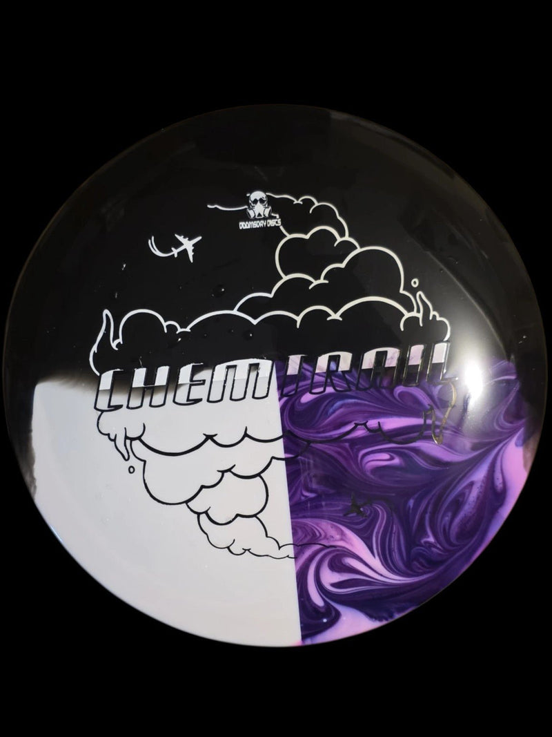 Purple and pink dye on Doomsday Discs Chemtrail in Retina plastic, overhead view