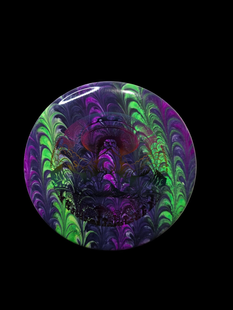 Purple and Green hand dyed Doomsday Discs Rot in Shockwave plastic, overhead view