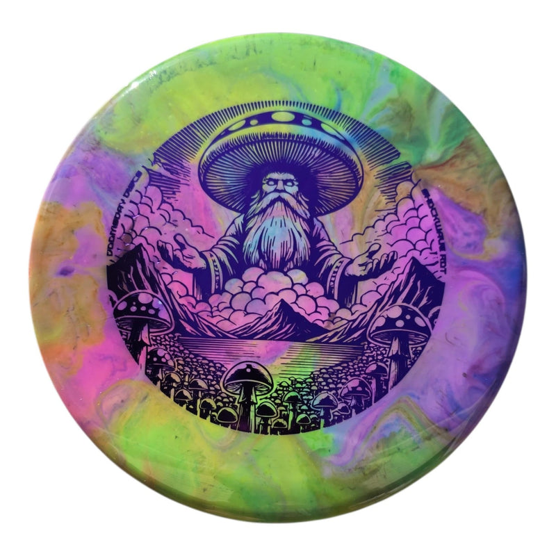 Front of hand-dyed Doomsday Rot in Shockwave plastic with lime and purple dye around the mushroom stamp