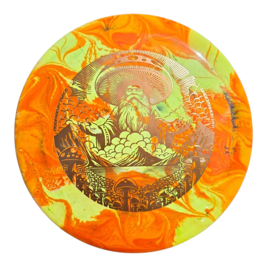 Orange and lime hand-dyed Doomsday Rot in Shockwave plastic, front view