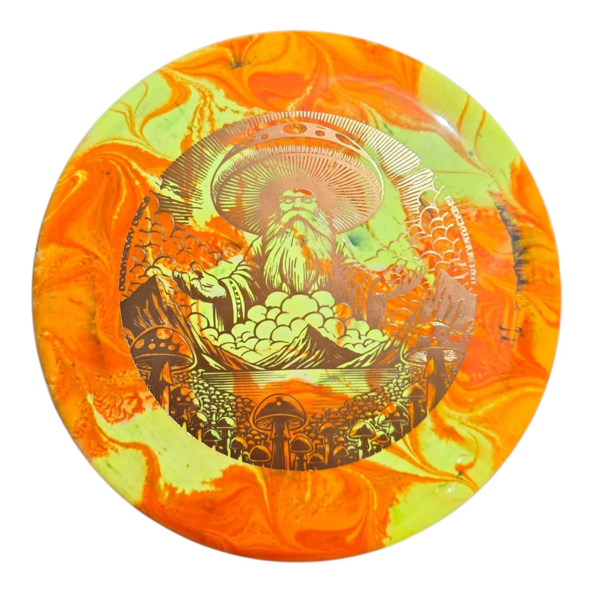 Orange and lime hand-dyed Doomsday Rot in Shockwave plastic, front view