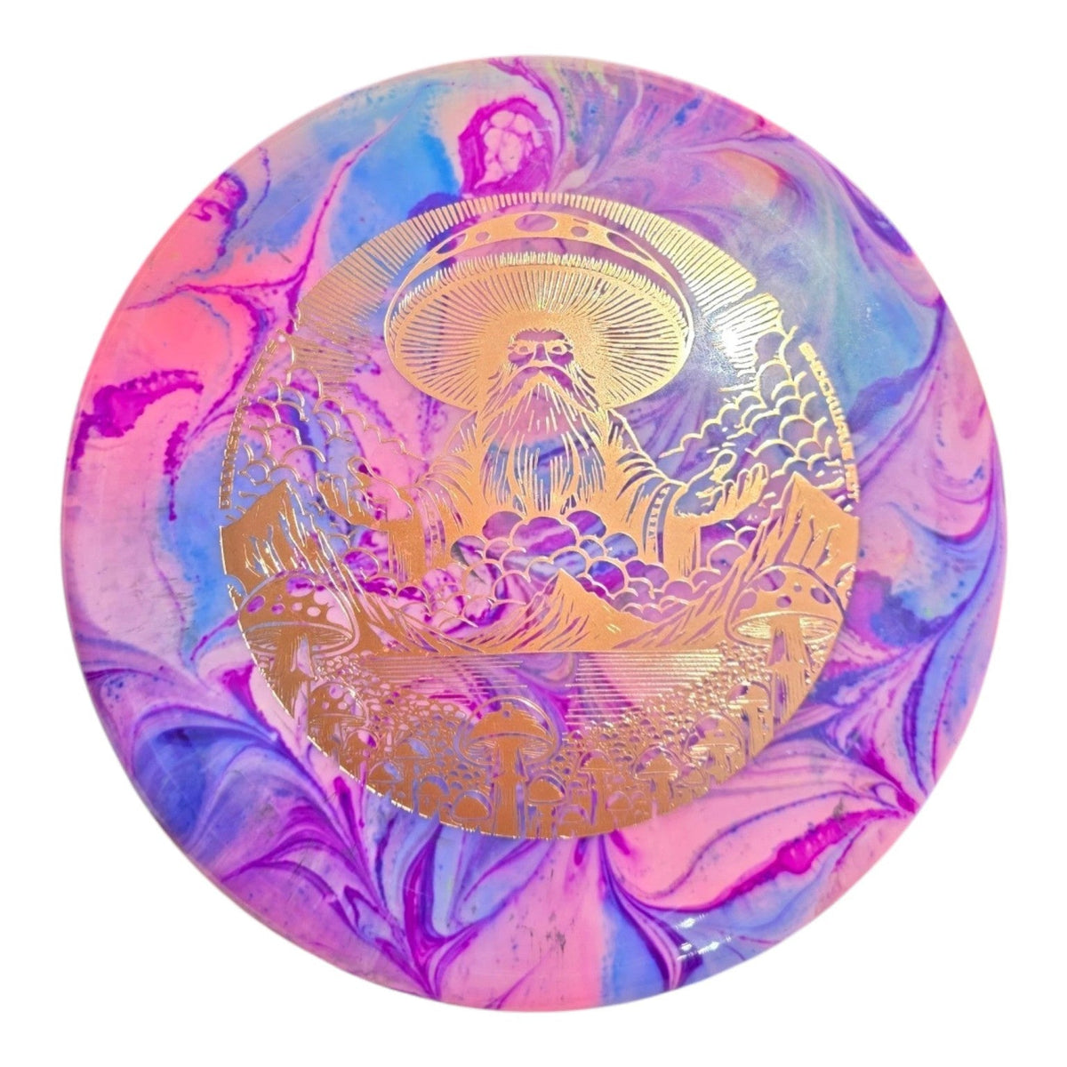 Pink and purple hand-dyed Doomsday Rot in Shockwave plastic, front view