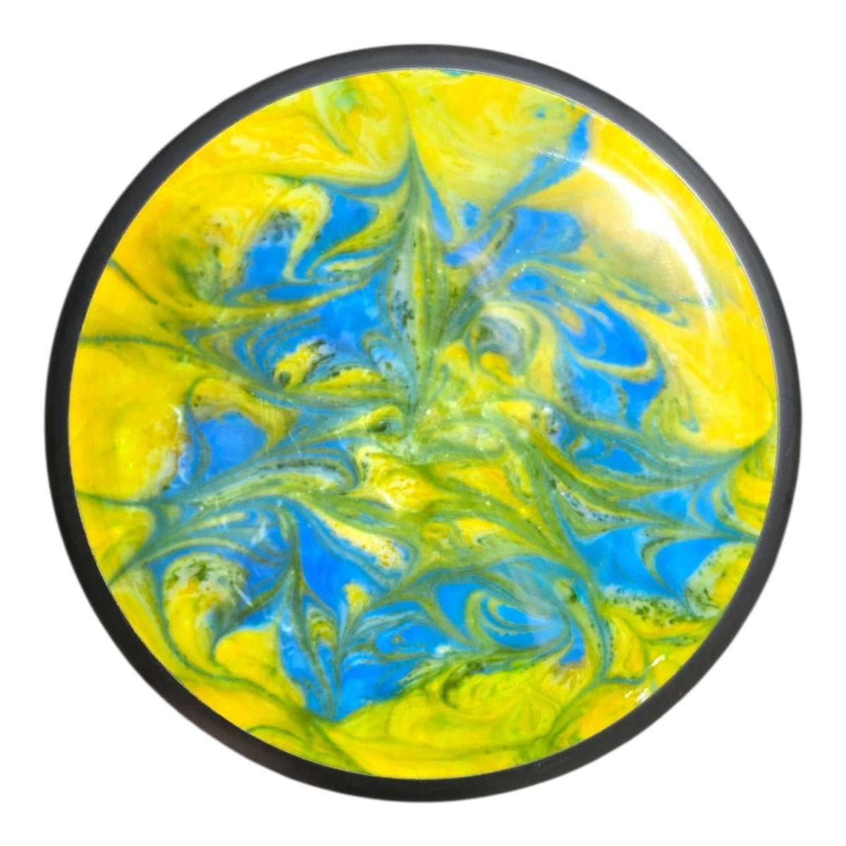 Yellow and blue hand-dyed MVP Signal in Neutron plastic, front view