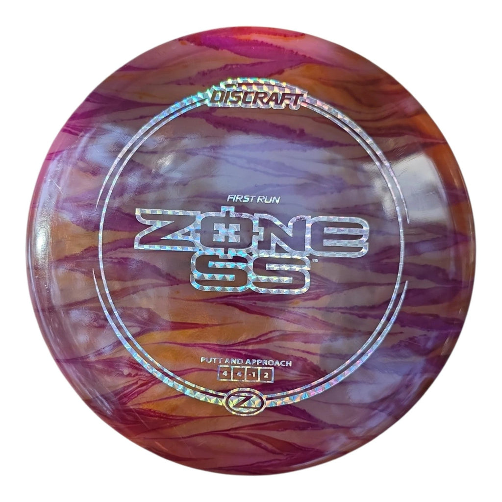 Purple and orange hand-dyed Discraft First Run Zone SS in Z plastic, front view
