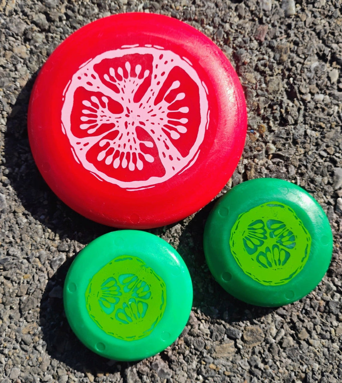 Two green pickle minis and one red tomato mini included in the Cheese Sandwich Edition set