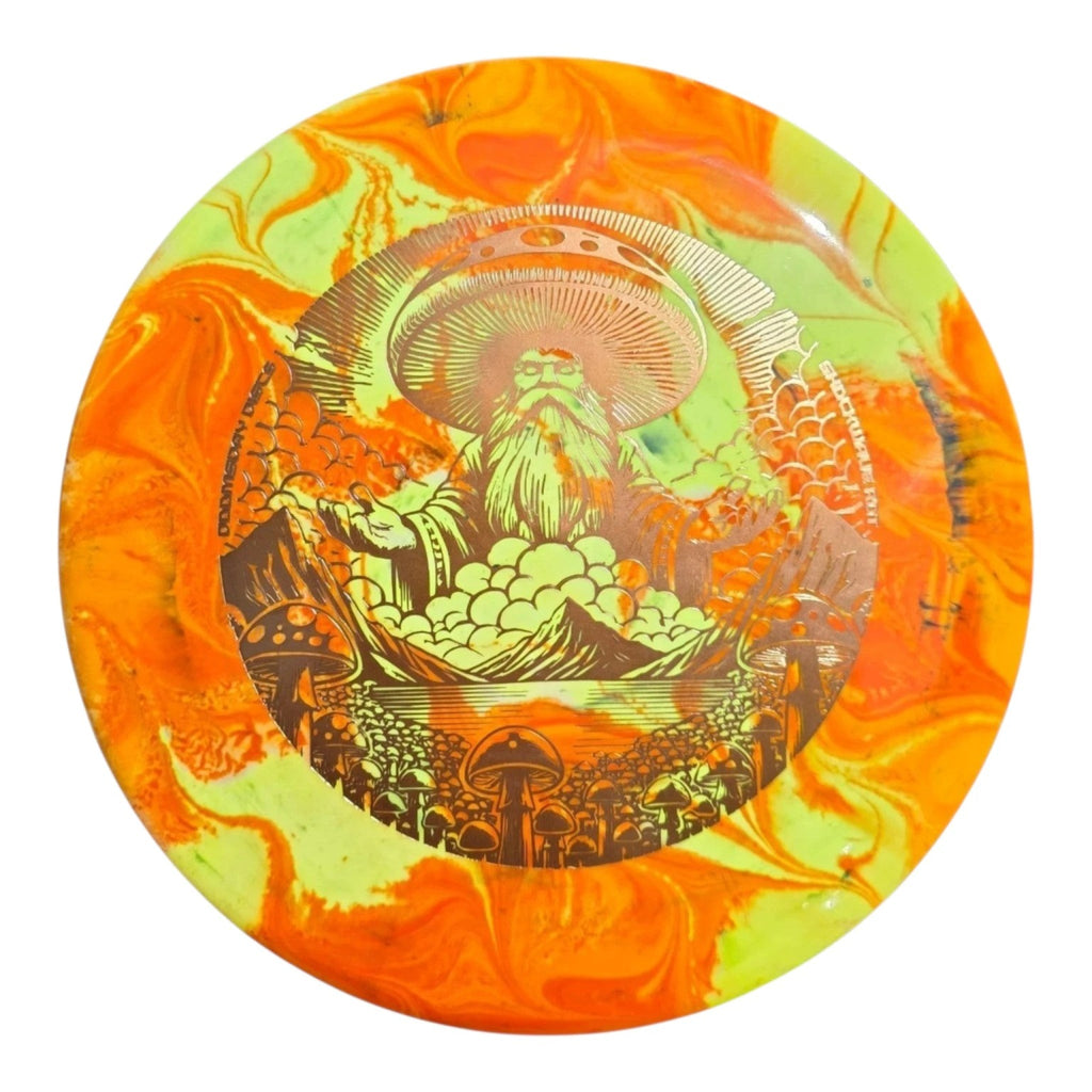 Example custom disc dye with bright orange marbling over a pale yellow-green flight plate
