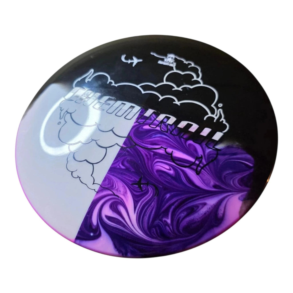 Example Chemtrail custom dye with purple marbling, a clear section, and a black section around the cloud stamp