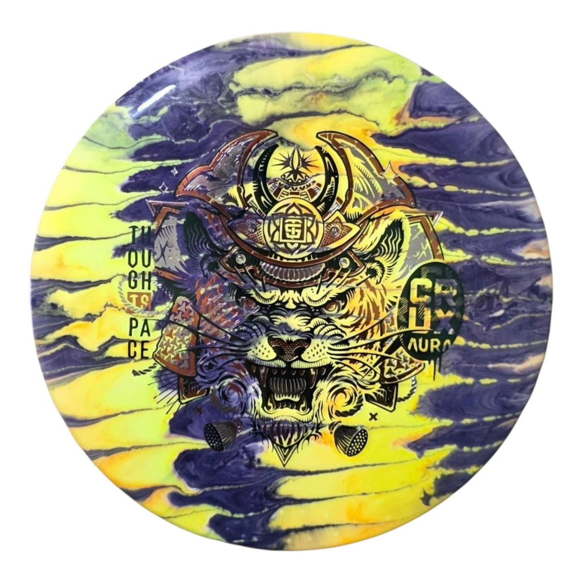Example custom disc dye with yellow-and-purple streaks around a tiger samurai stamp