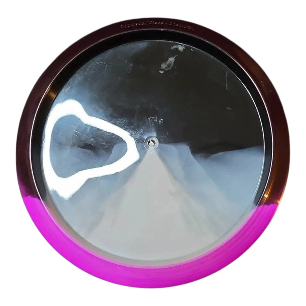 Underside of a custom-dyed disc with a clear flight plate and a black-and-purple split rim